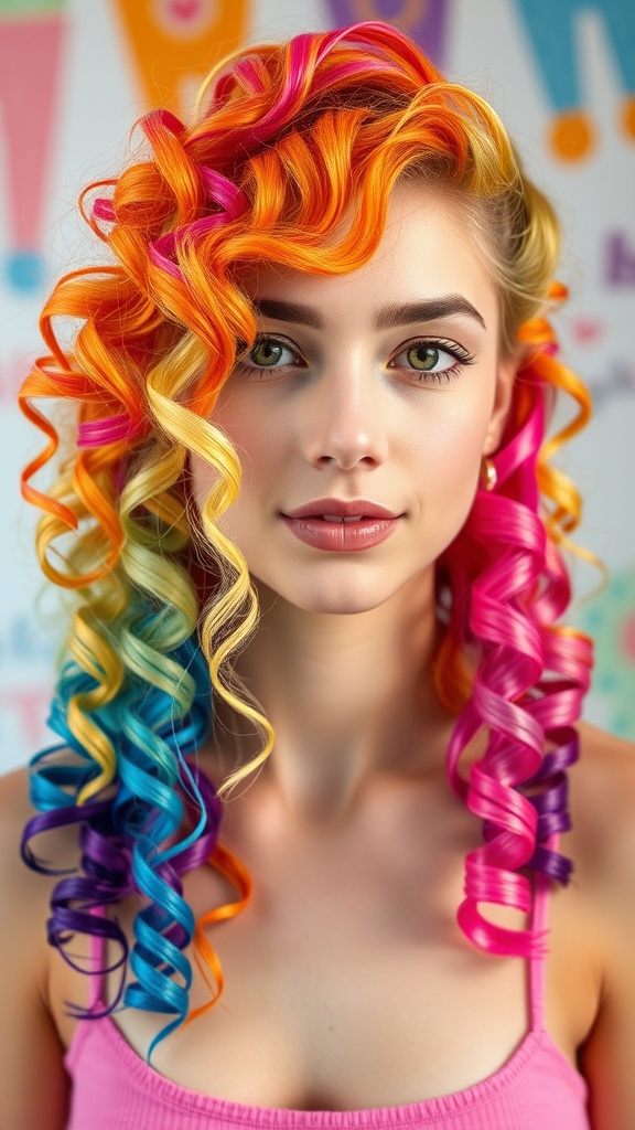 A person with vibrant rainbow curly hair, featuring blue and pink colors, smiling in a city setting.