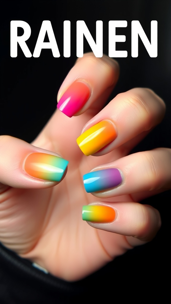 Colorful rainbow ombre nails with vibrant tips