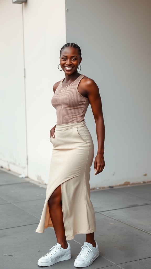 A woman wearing a raw hem denim skirt with a fitted bodysuit and white sneakers, smiling confidently.