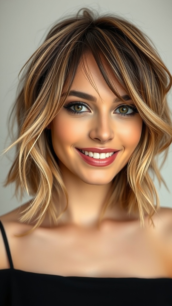A woman with a razor-layered medium haircut, featuring face-framing layers and subtle highlights.