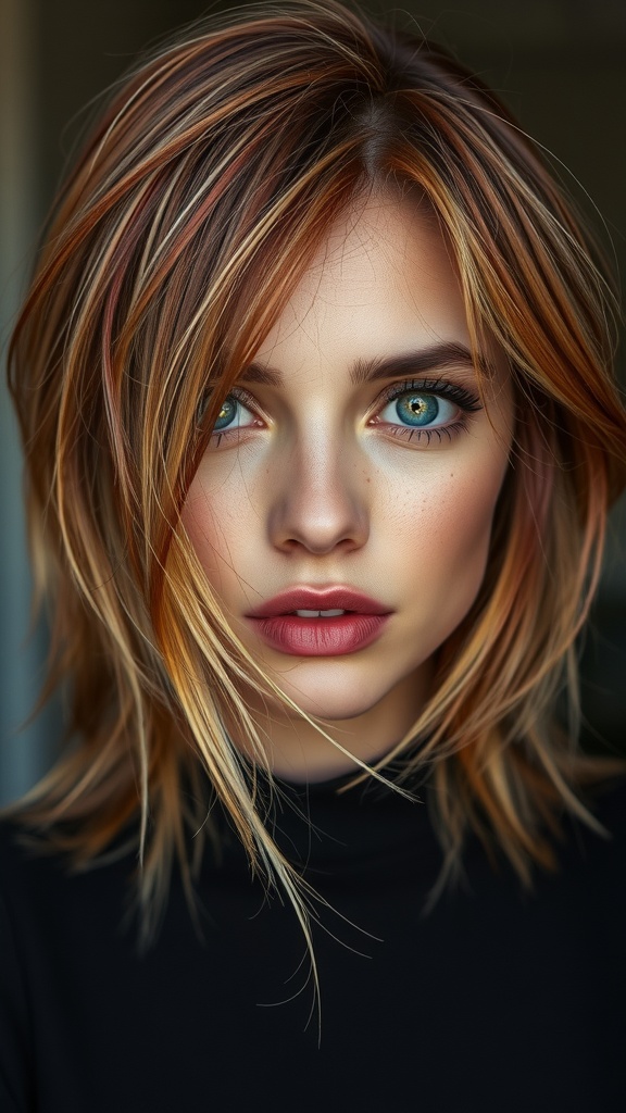 A woman with medium length red and blonde marbled hair, showcasing a stylish and vibrant look.