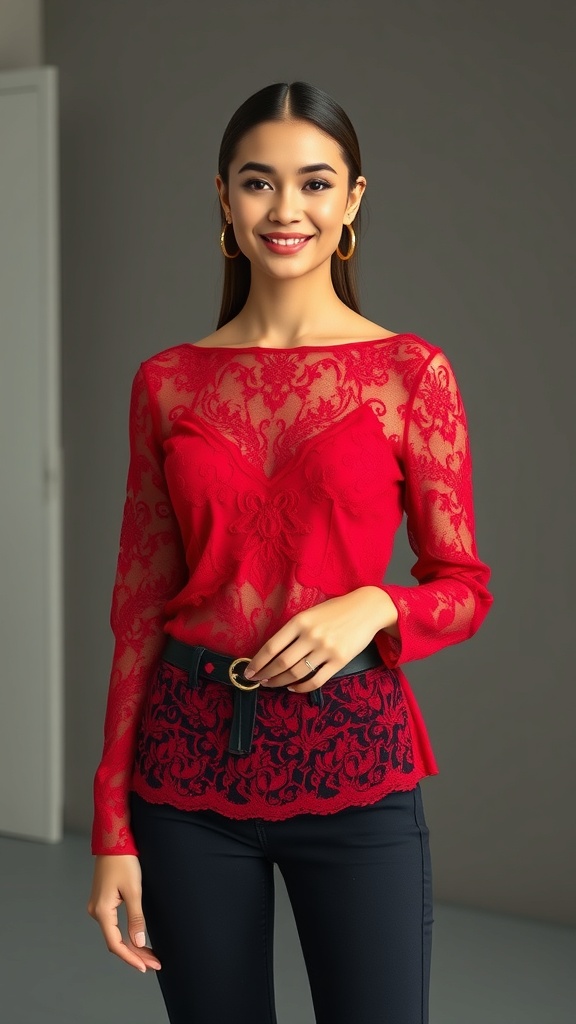A woman wearing a red lace long sleeve top with skinny jeans and heels, smiling confidently.
