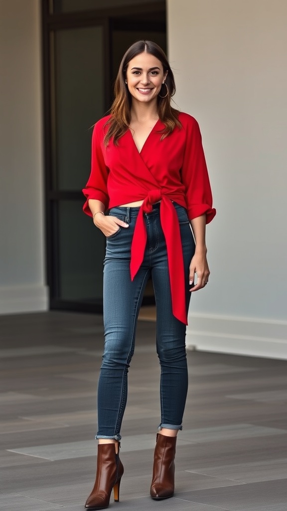 A woman wearing a red long sleeve wrap blouse with slim jeans and brown ankle boots, smiling confidently.