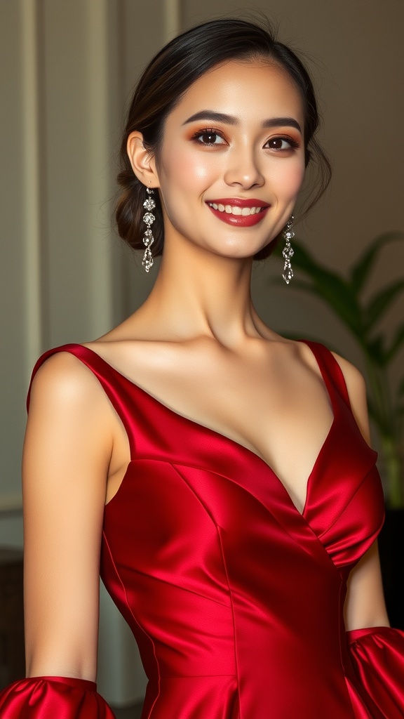 A woman wearing a red satin mermaid gown with a deep V-neckline and sparkling earrings, smiling confidently.