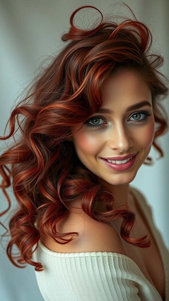 A woman with red velvet curls styled with a deep side part, showcasing a vibrant ginger hair color.