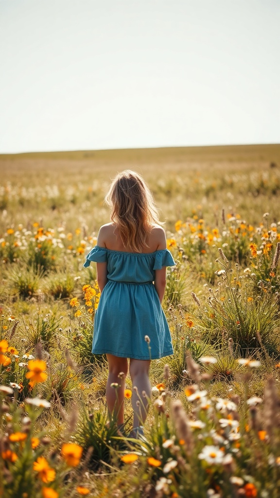 A woman wearing a relaxed chambray dress standing in a field of flowers