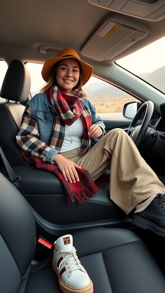 A woman in a car wearing a flannel shirt, stylish scarf, and wide-leg pants, smiling and ready for a road trip.