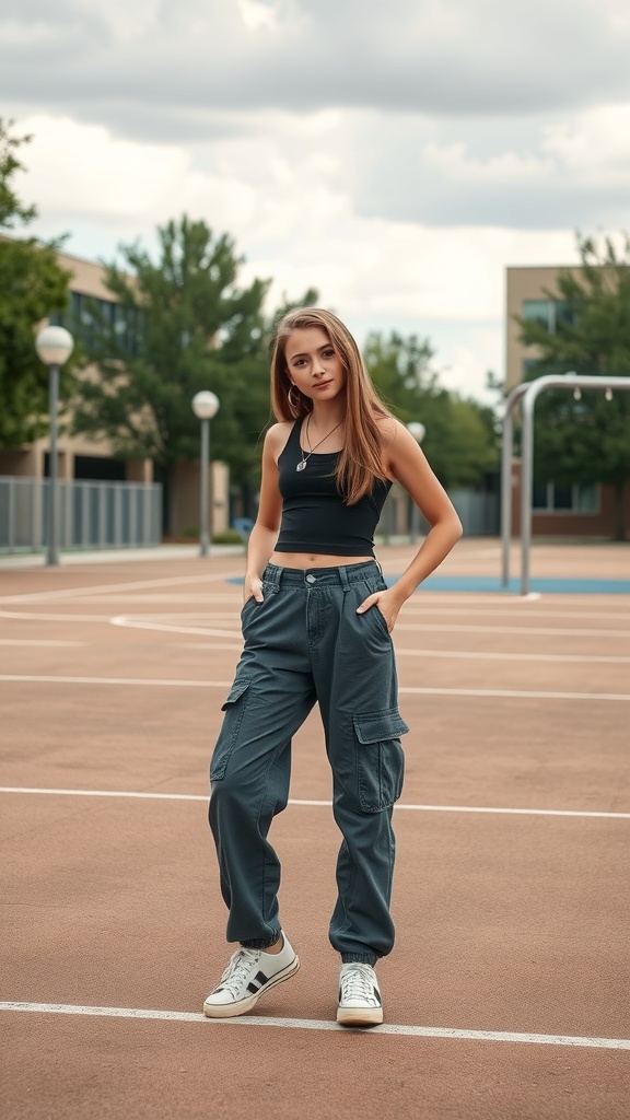 A girl wearing a black crop top and baggy cargo pants, standing confidently on a school playground.