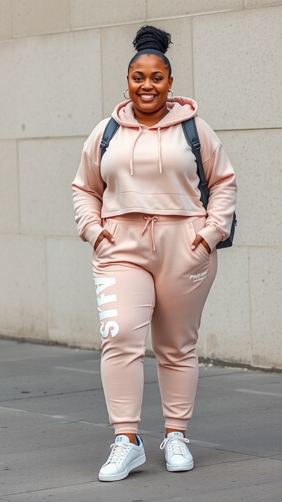 A smiling woman wearing a cropped hoodie and relaxed joggers, showcasing a stylish and comfortable outfit.