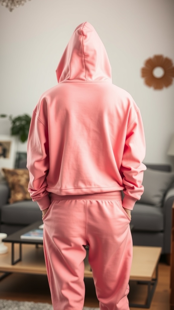 A person wearing a relaxed pink hoodie and joggers, showcasing a casual chic look.