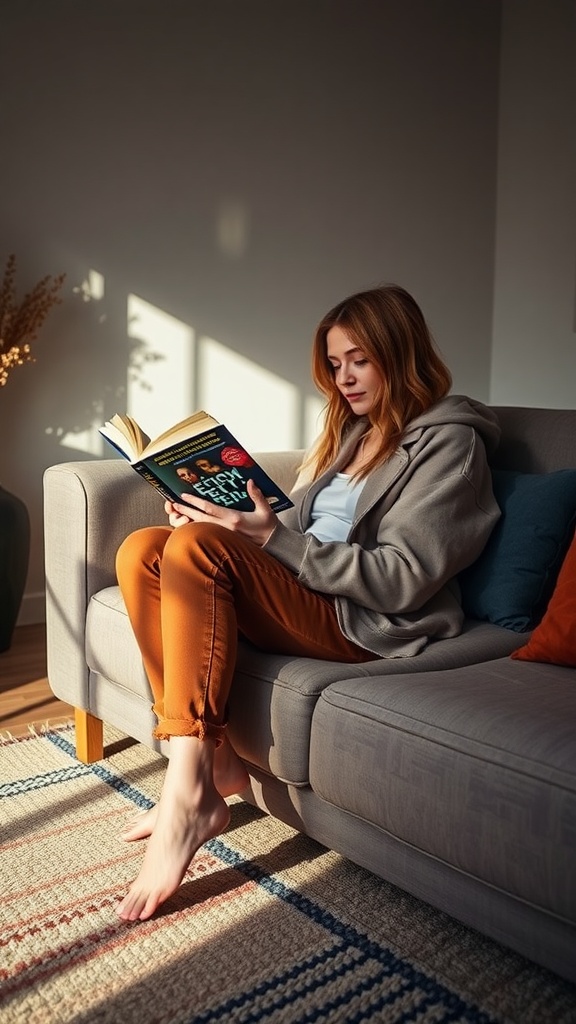 A woman reading a book while wearing a cozy hoodie and brown jeans, sitting on a couch in a sunlit room.