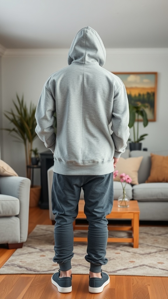 A person wearing a gray hoodie and dark joggers, showcasing a relaxed and casual outfit.