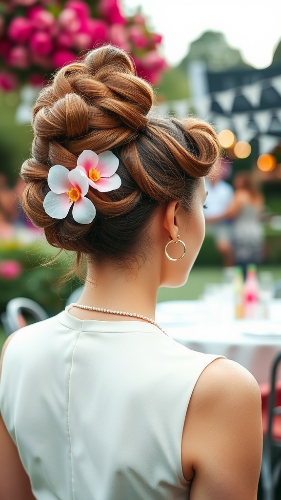 A woman with a retro curly bun hairstyle adorned with flowers, showcasing vintage vibes.