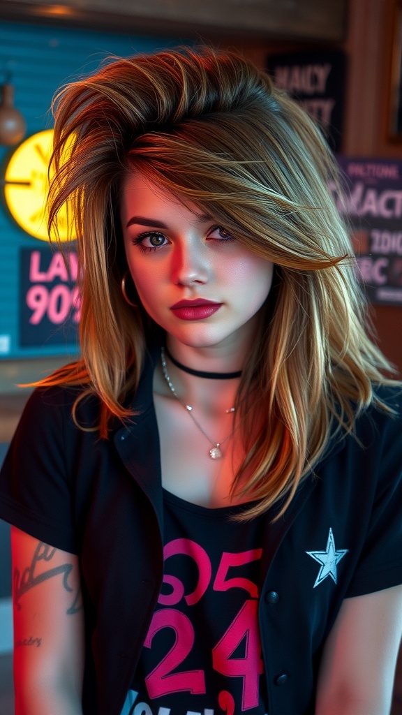 A person with a retro mullet hairstyle featuring high volume and edgy layers.