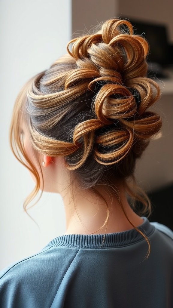 A retro updo hairstyle featuring a bun with loose tendrils, showcasing layered hair with a mix of colors.