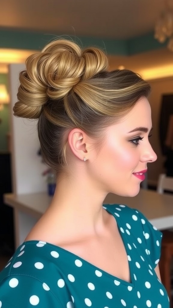 A woman with a retro updo hairstyle featuring a bun, wearing a polka-dotted outfit.