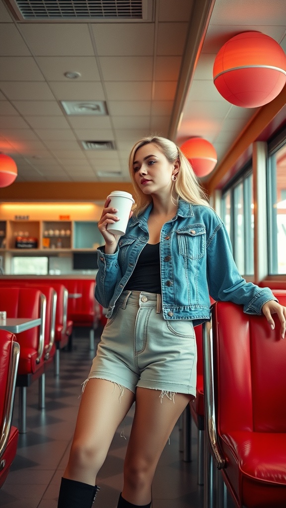 A woman in a denim jacket and high-waisted shorts holding a coffee cup in a retro diner.