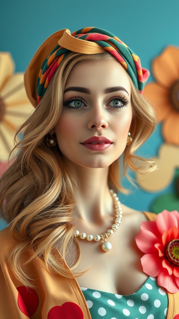 A woman with retro waves hairstyle wearing a colorful headband and pearl necklace, styled in a vintage 60s fashion.