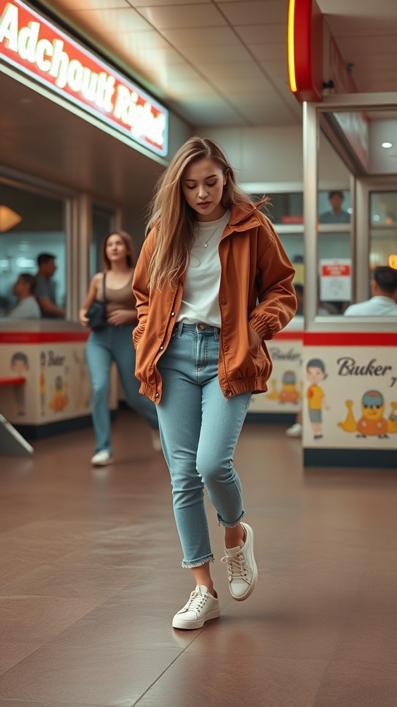 A woman wearing a retro windbreaker and classic sneakers, walking in a casual urban setting.