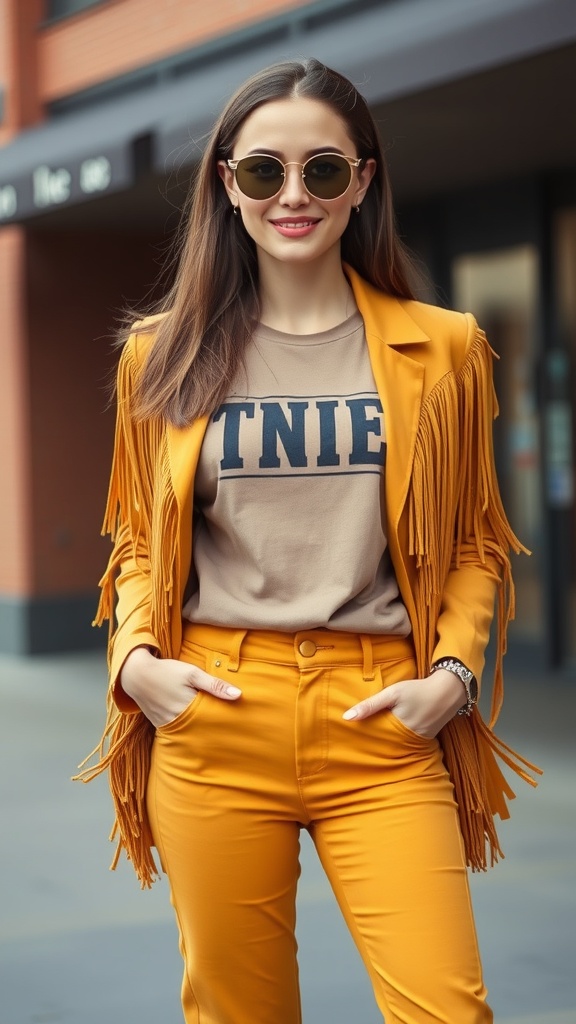 A stylish woman wearing a yellow fringed jacket and matching 70s flare pants, showcasing retrocore aesthetic.