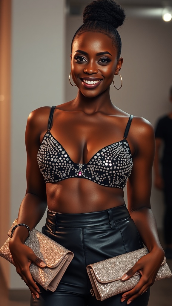A smiling Black woman wearing a rhinestone bra top and high-waist pants, holding two sparkly clutches.