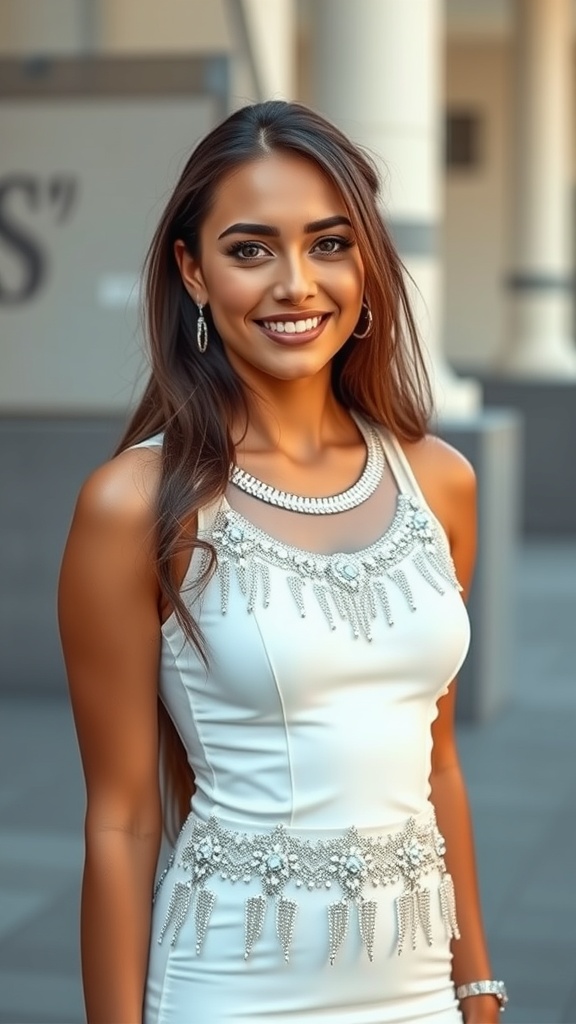 A woman smiling while wearing a rhinestone fringe mini dress, showcasing elegance and style.