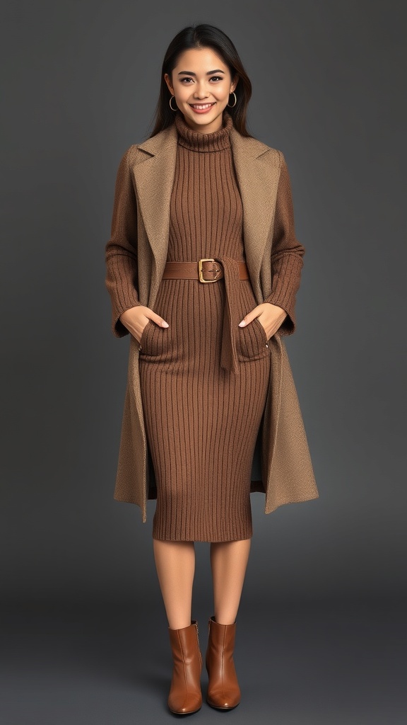 A woman wearing a ribbed knit set with a structured coat, showcasing a modest and stylish fall church outfit.