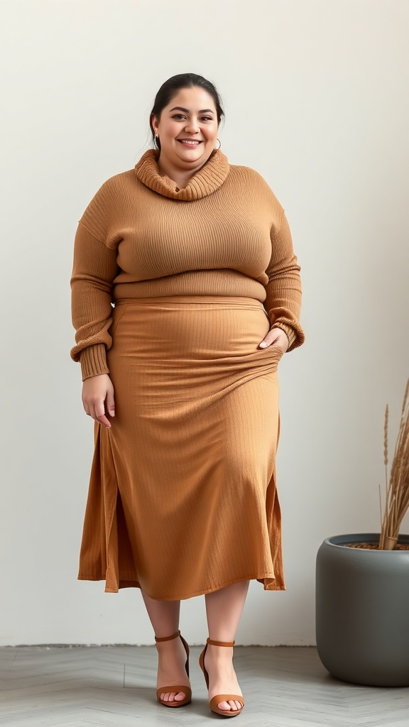 A plus size woman wearing a ribbed knit two-piece skirt set in a warm brown color, featuring a cowl neck top and a fitted skirt with a side slit.