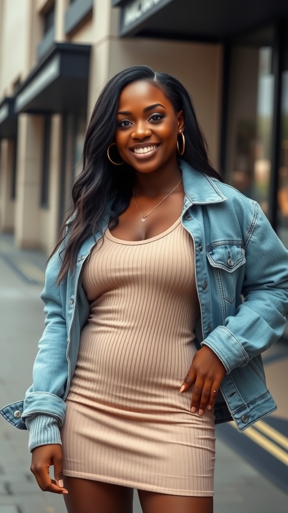 A woman wearing a ribbed mini dress with a denim jacket and shark boots, smiling confidently.