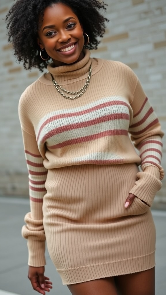 A woman smiling while wearing a ribbed mini skirt and a striped sweater.