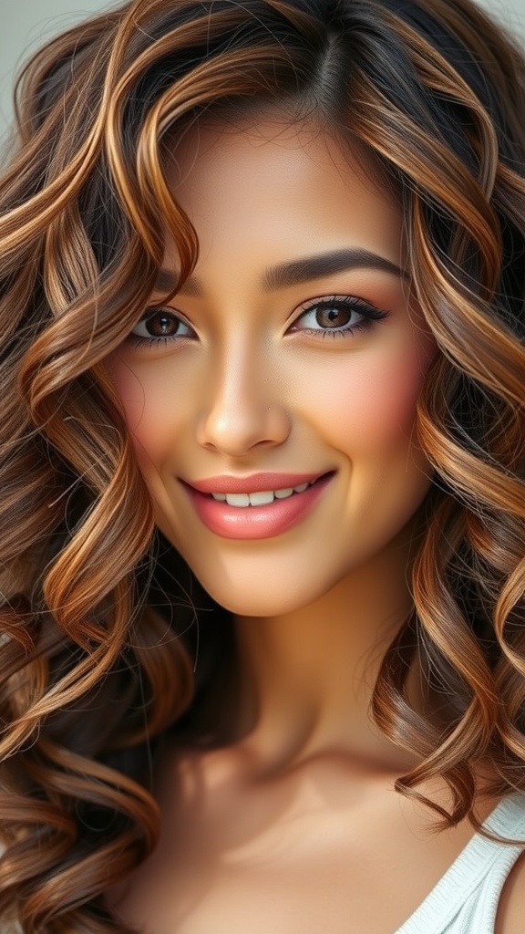 A woman with rich brown hair featuring hazelnut highlights, styled in soft curls, smiling warmly.