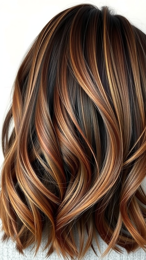 A close-up view of hair styled in rich mahogany balayage, showcasing warm brown and copper tones with soft waves.