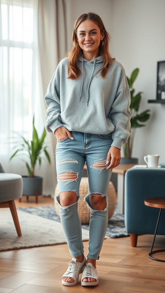 A person wearing a light-wash ripped jeans and an oversized gray sweatshirt, smiling in a cozy indoor setting.