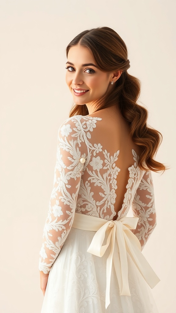 A bride wearing a romantic A-line long sleeve bridal gown with an illusion neckline and intricate lace detailing.