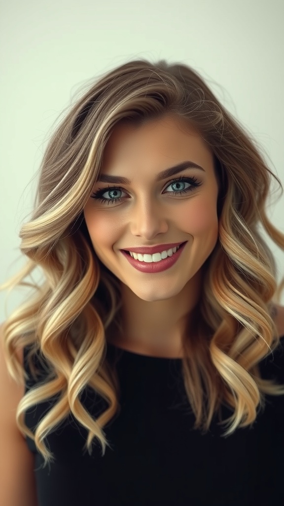 A woman with romantic curls and blonde balayage on brown hair, smiling brightly.