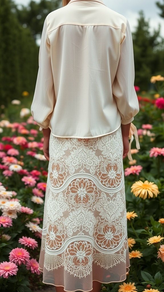 A woman wearing a knee-length lace skirt and a light blouse, standing in a flower garden.