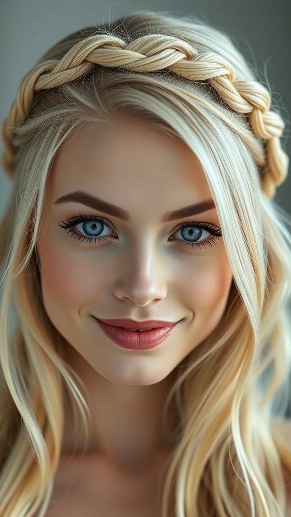 A woman with blonde hair styled in a braided crown, showcasing her blue eyes.