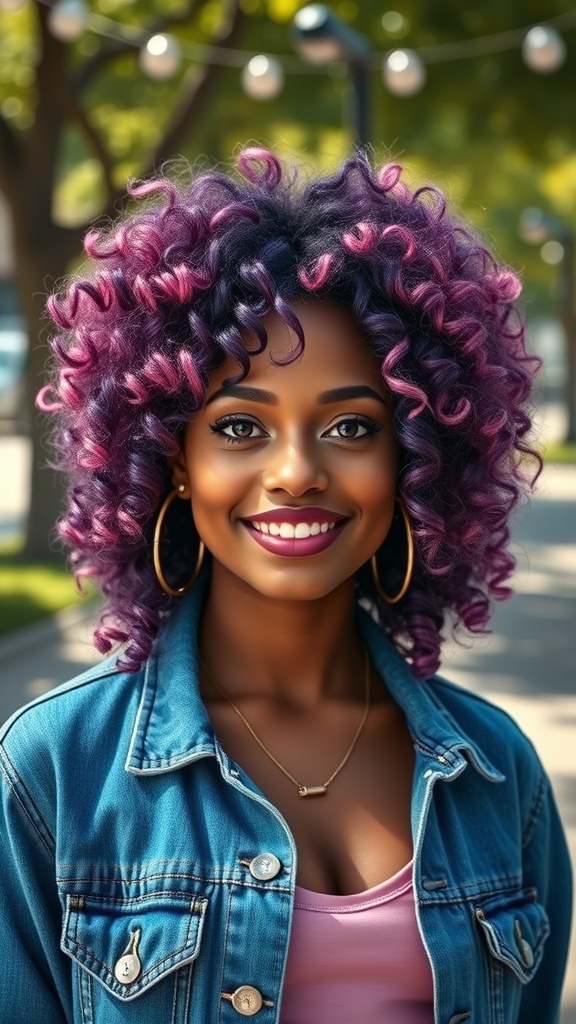 A woman with vibrant rose gold curly hair, wearing a denim jacket and smiling in a sunny outdoor setting.
