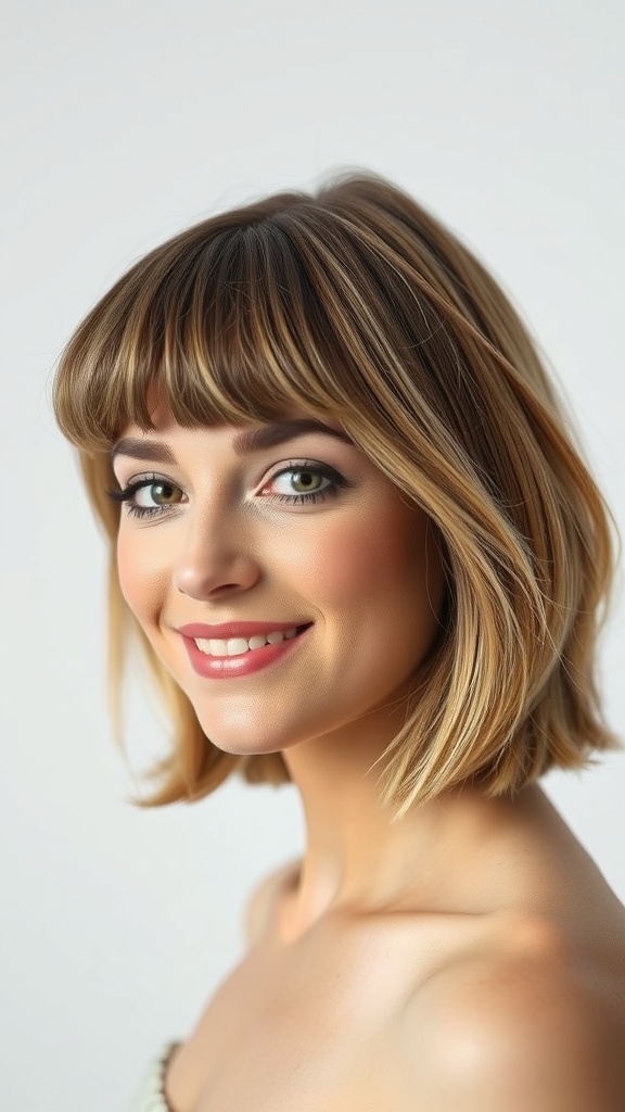 A woman with medium brown hair styled in a rounded cut with light brown balayage highlights, smiling at the camera.