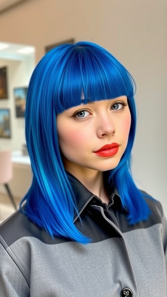 A model with royal blue hair and a fringe, showcasing a bold and modern hairstyle.