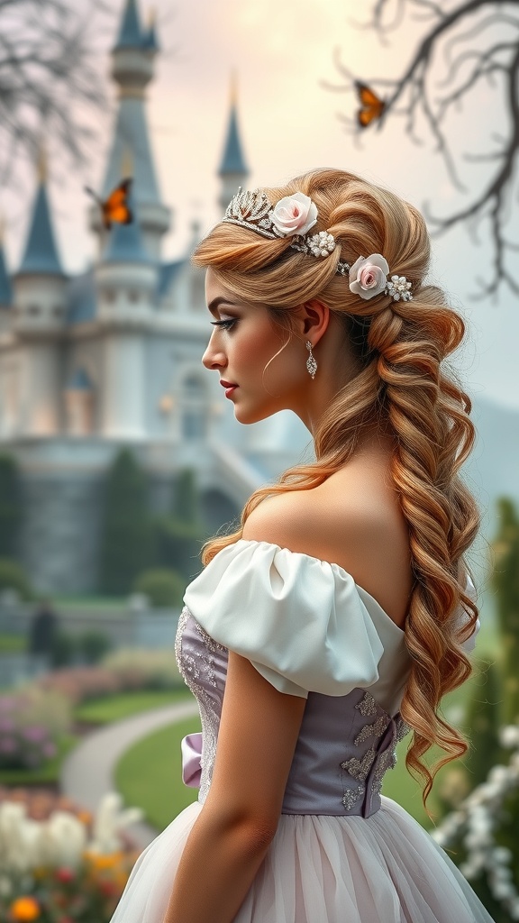 A woman with a royal updo hairstyle adorned with sparkling accessories, standing in front of a fairytale castle.