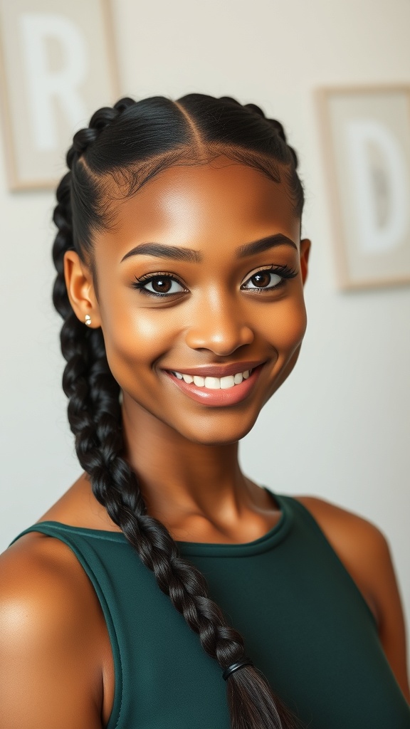 A woman with a rubber band braided ponytail, showcasing a neat and stylish hairstyle.