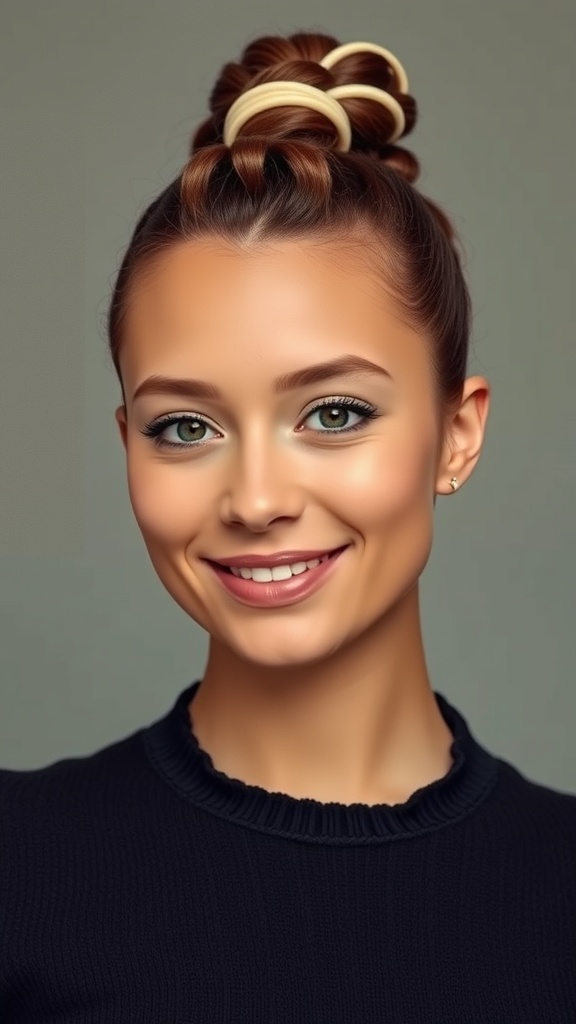 A young woman with bubble puff hairstyle secured with rubber bands, smiling at the camera.