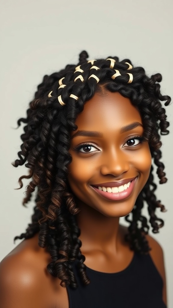 A woman with curly hair styled in a checkerboard pattern using rubber bands, smiling at the camera.