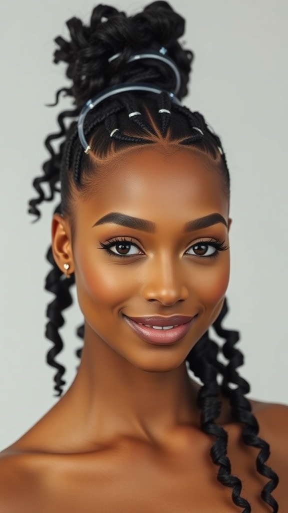 A woman with a criss-cross ponytail hairstyle featuring rubber bands and curls.
