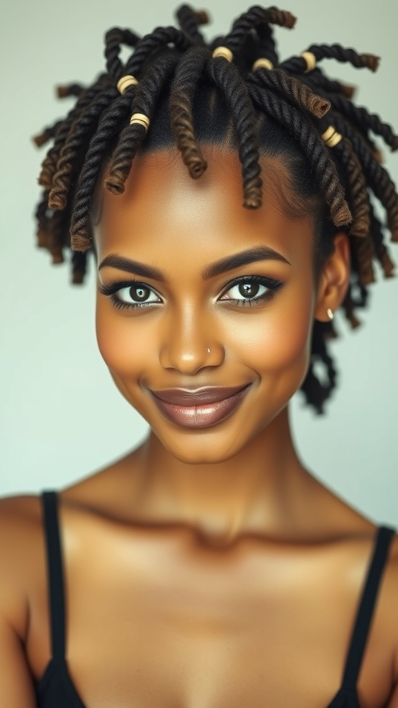 A woman with natural hair styled in rubber band crown rows, featuring defined twists and rubber bands.