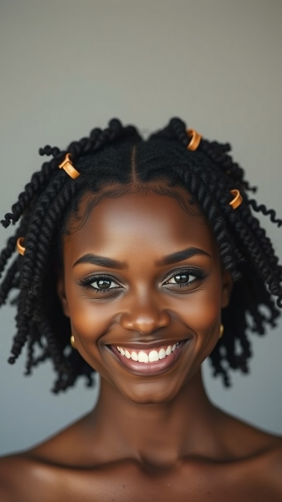 A woman with rubber band front bang twists, smiling brightly with colorful rubber bands in her hair.