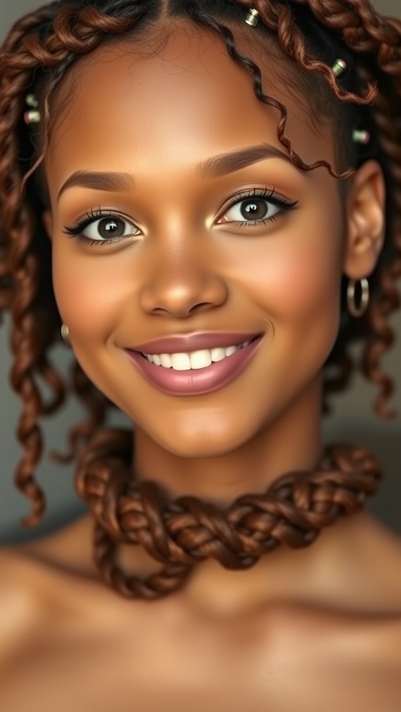 A young woman with a Rubber Band Halo Updo hairstyle, featuring neat sections and vibrant curls.