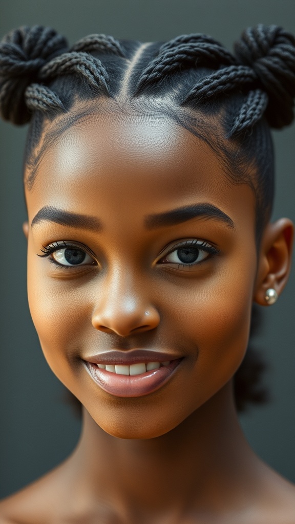 A young woman with a Rubber Band Low Puff hairstyle featuring twists and a low puff at the back.