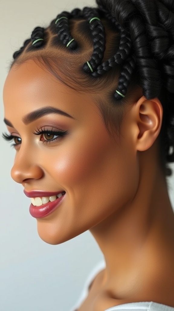 A woman with rubber band side-part cornrow bands, showcasing a stylish and protective hairstyle.